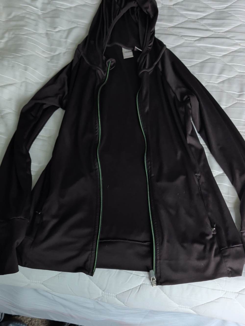 Black Hooded Zip Jacket with Green Trim - Women